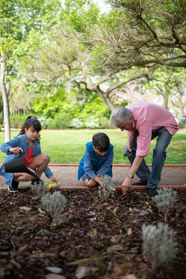 copii ajuta bunica sa planteze in gradina