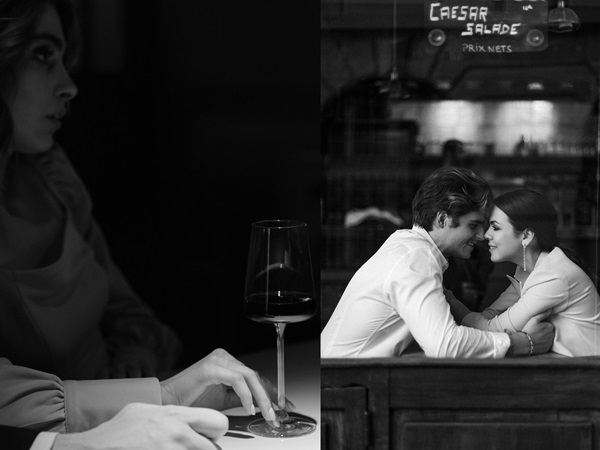 colaj foto alb negru cu o femeie care isi prinde sotul cu o alta femeie in restaurant