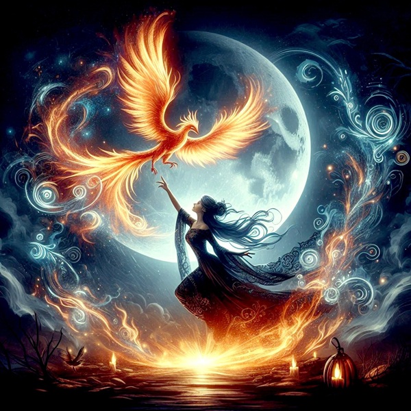 ilustratie cu o femeie in lumina lunii care intinde mana catre o pasare phoenix in lumina lunii pline